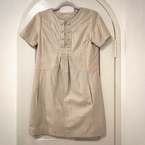 Lamb LEATHER Ecru-Beige Bruuns Bazaar Mini Dress with Pockets, Sz. 8 /10 - Picture 6 of 10